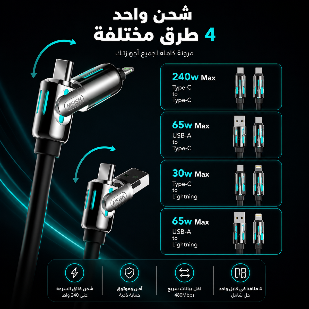 4-in-1 Multi USB Charging Cable (كابل شحن USB متعدد 4 في 1)
